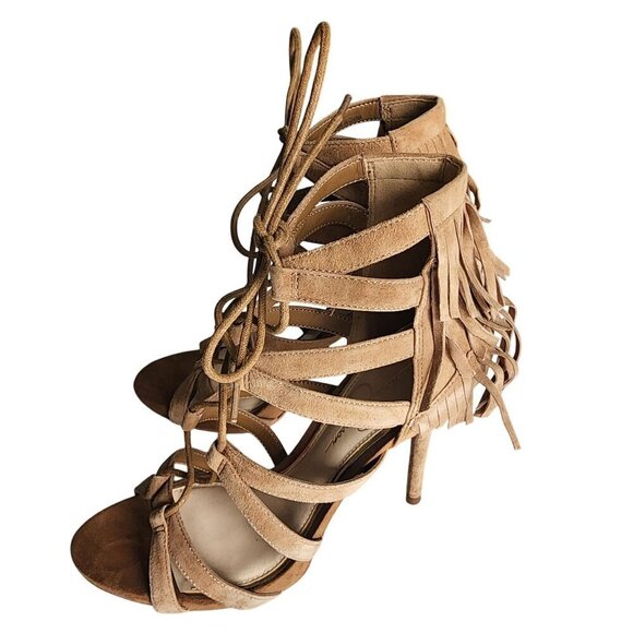 Jessica Simpson JS-Bregan Dakota Tan Lux Kid Suede Fringe Lace-Up Heels Size 8.5 - Picture 5 of 14